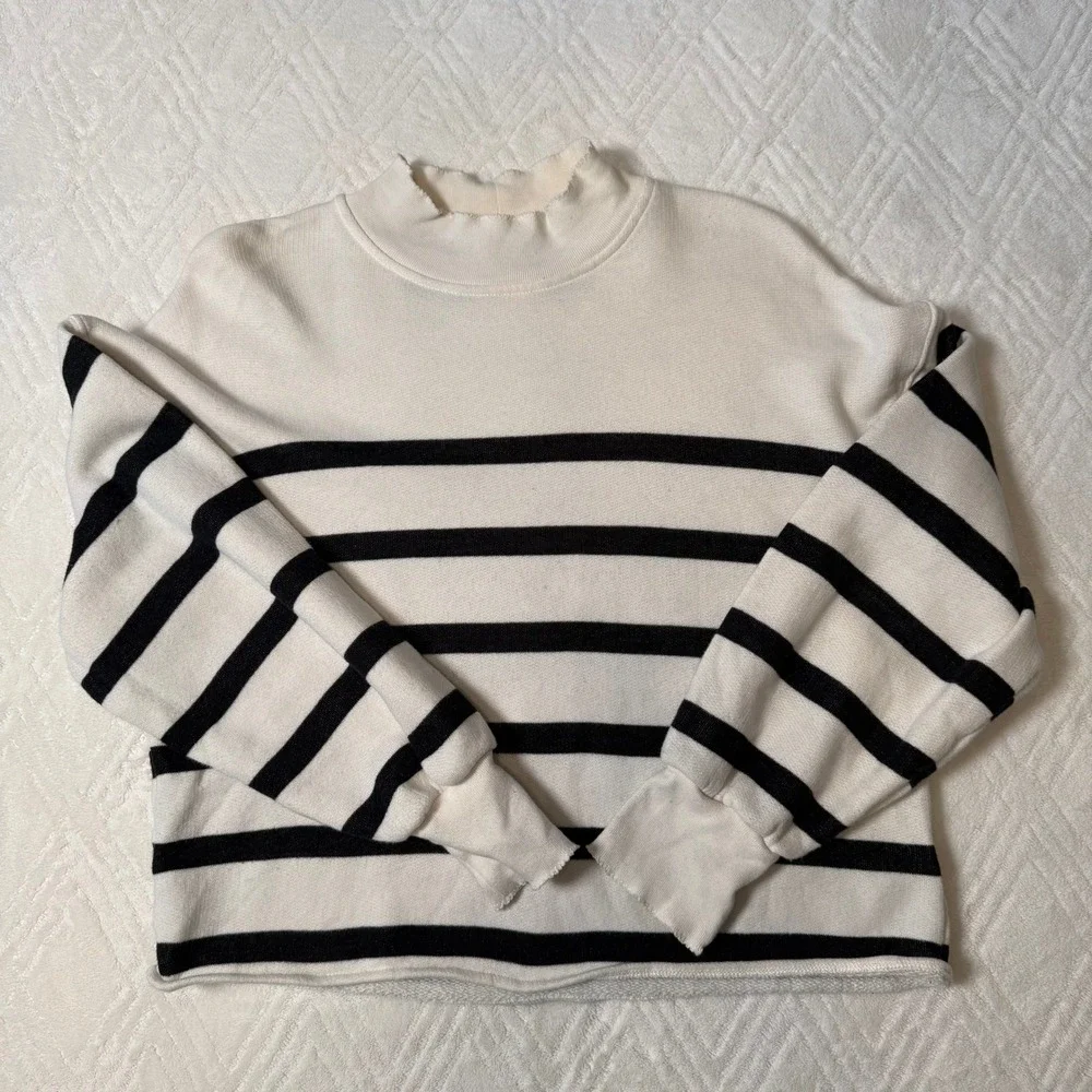 Classic Coastal J.Crew Striped Sweater M Black White Mock Neck Cotton Pullover